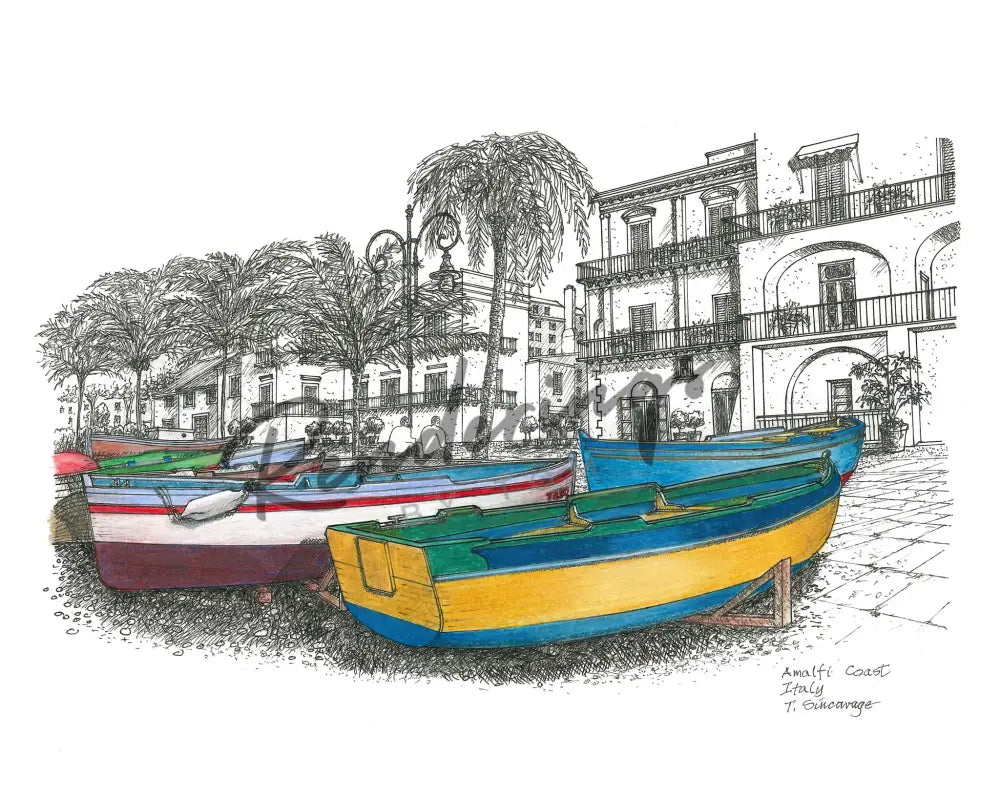 Amalfi Coast With Boats On Shore Art Prints